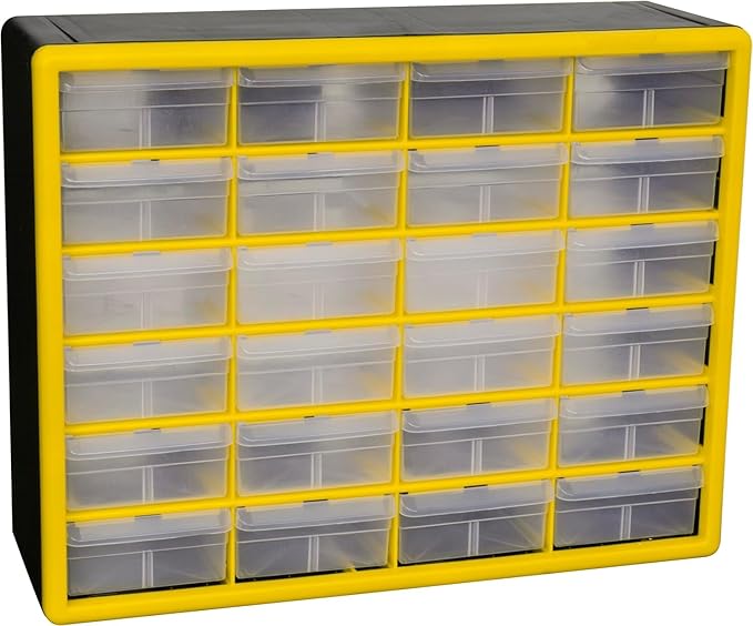 Akro-Mils 24-Drawer Plastic Drawer Storage Cabinet for Garage Organization, Bead Organizer, Building Bricks Storage, Teacher Toolbox, Makeup Organizer, 20" W x 6" D x 16" H, 10124 Yellow