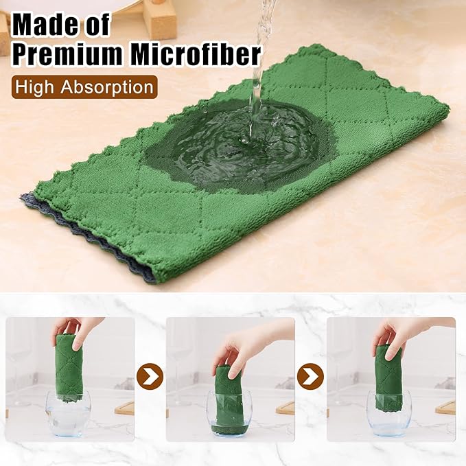 Mordimy 12 Pack Kitchen Cloths Dish Towels (10" x 10", Dark Grey & Grass Green), Super Soft and Absorbent Dish Cloths, Coral Velvet Microfiber Cleaning Cloth, Nonstick Oil Fast Dry Dishcloths