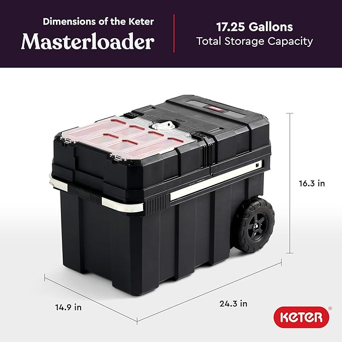 Keter Masterloader Resin Rolling Tool Box with Locking System and Removable Bins – Perfect Organization and Storage Chest for Power Drill, Tape Measure, and Screwdriver Set, Black