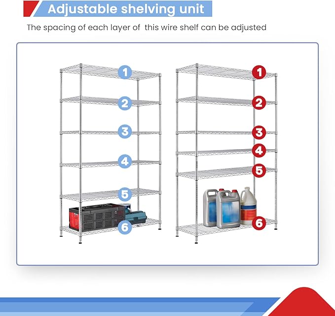 BestOffice Wire Shelf Adjustable Organizer 6 Wire Shelving Unit Metal Storage Shelves, NSF Utility Commercial Grade Heavy Duty 2100 LBS Capacity-18x45x82,Chrome