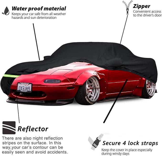 Yixin YIXIN Waterproof Car Covers for 1989-2026 Mazda Miata/MX-5 Car Cover 190T Covers Customer Fit 100% Waterproof Windproof Strap & Double Door Zipper Up to 160” L (Mazda Miata（ 1989-2022), Black