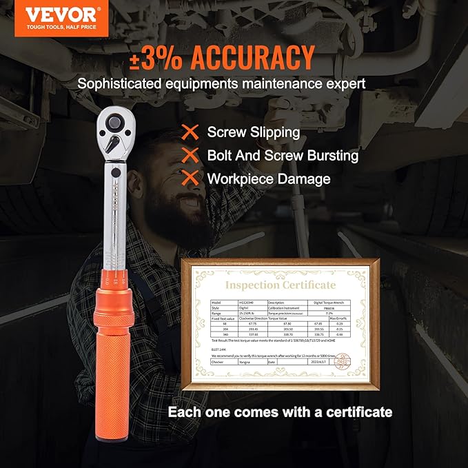 VEVOR 1/4-inch Drive Click Torque Wrench, 20-200in.lb/3-23n.m Mechanical Dual Range Scales, Dual-Direction Adjustable with Adapters Extension Rod