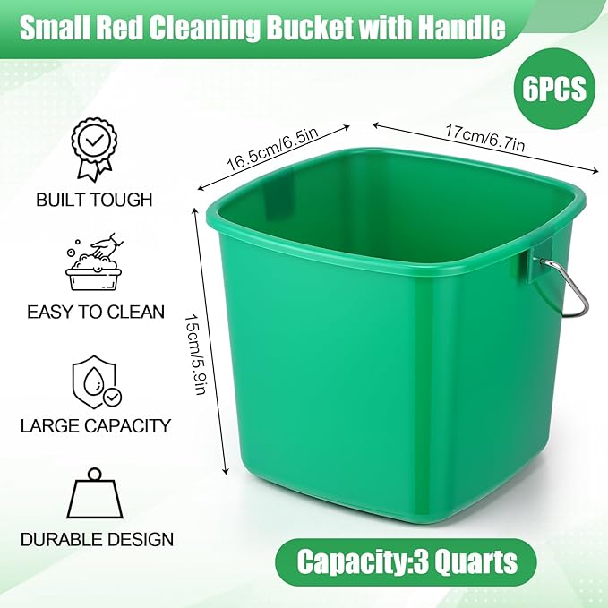 Zhehao 6 Pcs 3 Quart Bucket for Cleaning Small Sanitizer Bucket for Restaurant Square Plastic Pail with Handles for Home, Offices, Commercial Use, Food Service(Orange, Green, Blue)