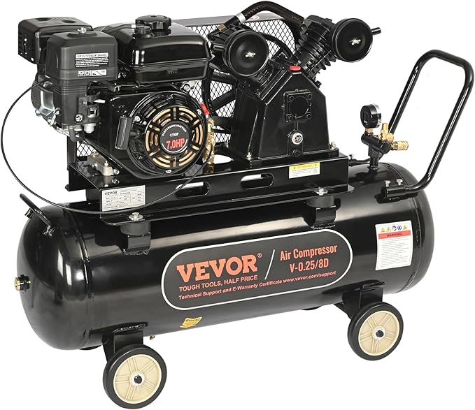 VEVOR 7HP Gas Powered Air Compressor, 21 Gallon Horizontal Air Compressor Tank with Wheels, 9CFM@115PSI Gas Driven Piston Pump Air Compressed System for Workshop Tire Inflation, Spraying, Nailing