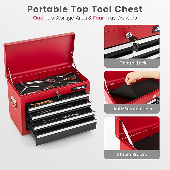 ERGOMASTER Rolling Tool Chest Cabinet Big Capacity Storage with Wheels and Lock Key, Portable Tool-Box Organizer with Sliding Drawers - 6 Drawers & BlackRed