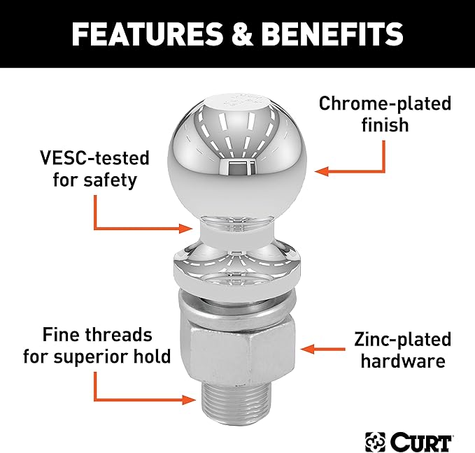 CURT 40003 Chrome Trailer Hitch Ball, 3,500 lbs, 2-Inch Diameter, 3/4 x 1-3/4-Inch Shank , Universal Fit