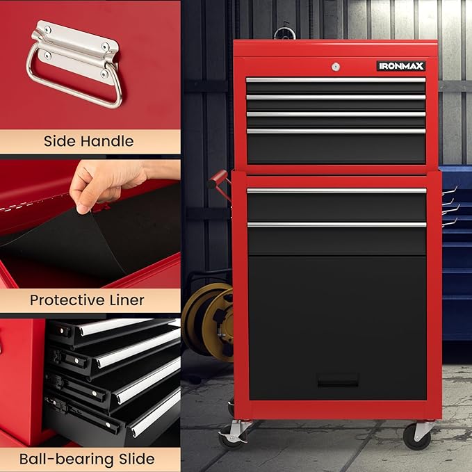 Goplus Tool Chest, 6 Drawers Rolling Tool Cabinet with Detachable Top Toolbox, Universal Lockable Wheels, Protective Liner, Auto Lock, Metal Tool Storage Cart, Tool Box for Garage Workshop