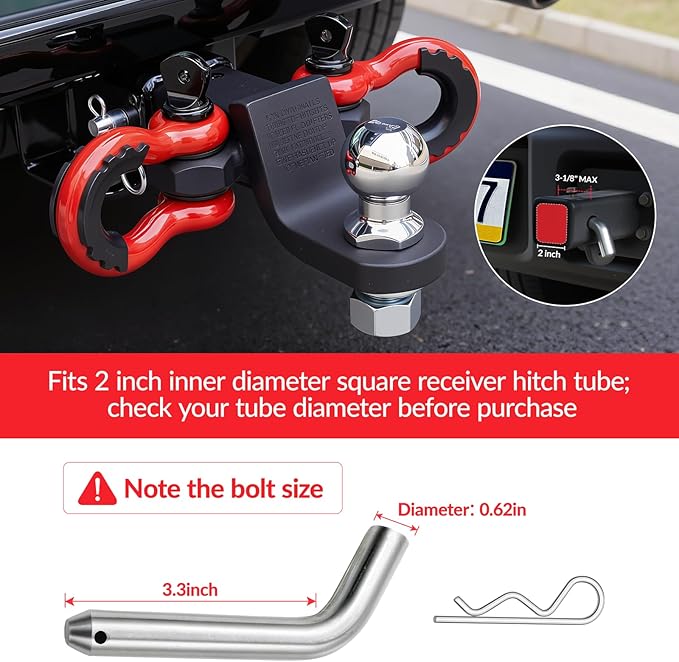 Trailer Hitch Ball Mount with 2 D Ring Tow Shackles Compatible with 2" Hitch Receiver 7500 lbs Capacity, 2" Ball Hitch and 3/4" Red Shackle Combo Suitable for Trucks, Suvs, Sedans, and Other Vehicles