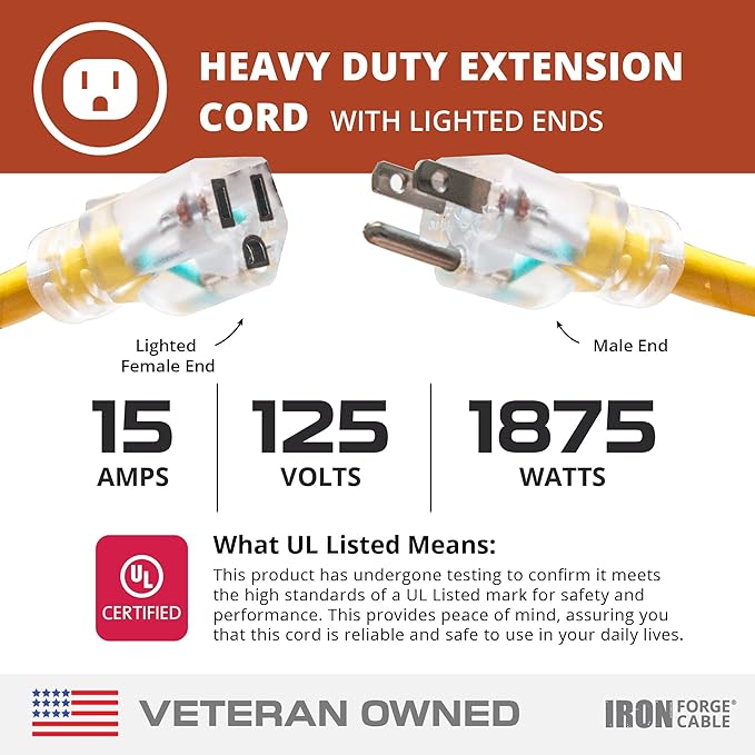 Iron Forge Cable 50 Foot Lighted Outdoor Extension Cord - 12/3 SJTW Heavy Duty Yellow Extension Cable with 3 Prong 15 AMP Grounded Plug for Safety