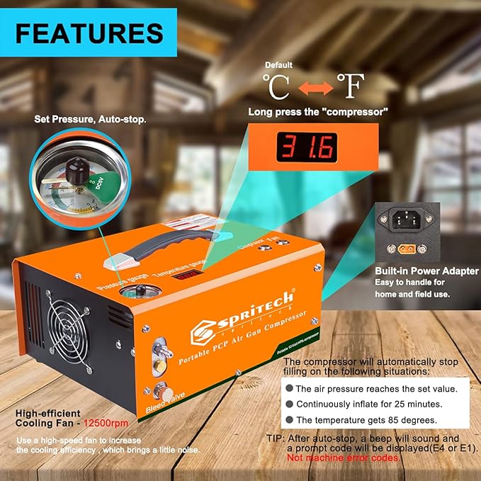 PCP Air Compressor,Auto-shutoff 4500Psi/30Mpa Oil/Water-Free Set-pressure Air Gun and Paintball Tank Pump with Water/Oil Separator,Built-in Power Adapter(110V AC or 12V Car Battery)