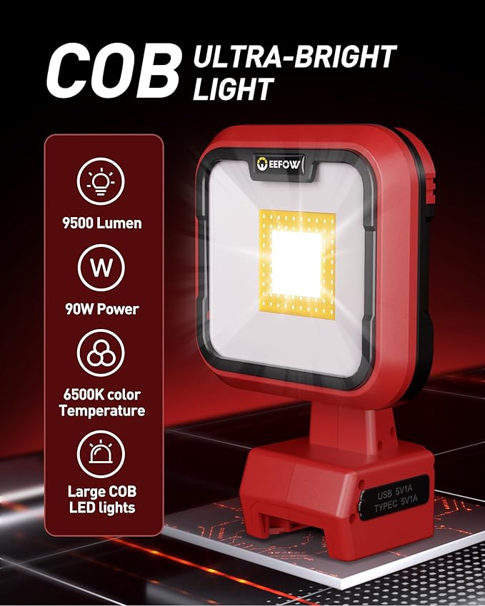EEFOW Work Light for Milwaukee m18: 9500LM Cordless Led Lights for 18v Battery, 90W Portable 140° Rotate Flood Flashlight with USB & Type C Charge Smart Protect Battery for Indoor Outdoor Lighting