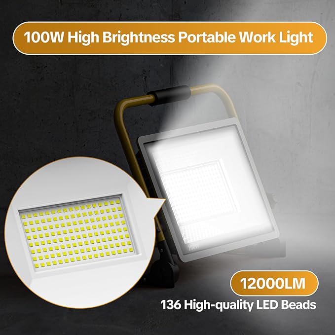 AIKVSXER 12000LM Led Work Light, 100W 6000K Portable Flood Light with 16.4FT Cord & Switch, IP66 Waterproof Worklight for Indoor Outdoor Job Site Repairing Garage Workshop, Gifts for Man