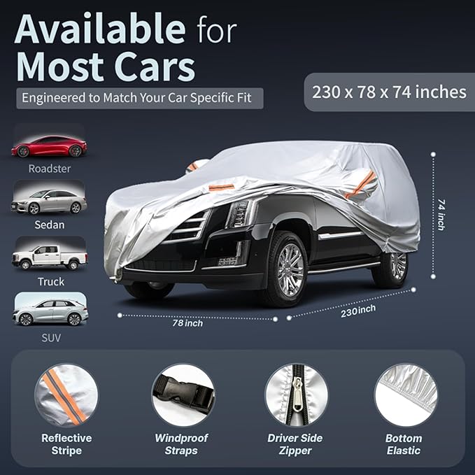 Car Cover Waterproof All-Weather,Heavy-Duty Outdoor Full Exterior Automobiles Snow Cover for SUV 219-234 inch,with Sun Visor,Anti-Scratch Cotton Lining & Zippered,Towel&Storage Bag