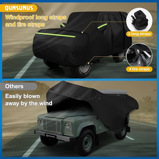 QUNSUNUS Car Cover for Land Rover Defender 90 1984-2016, Waterproof YJ/TJ 2 Door Car Covers with Cotton Lining, All Weather Cover with Straps and Zipper for Wind, Sun and Dust Protection