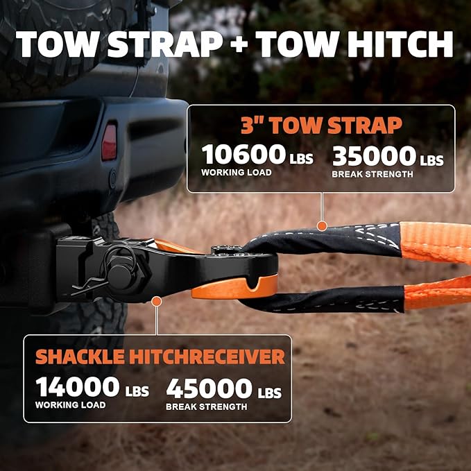 AUTOBOTS Tow Strap Heavy Duty 3" x 30 ft (35,000 lbs) with Shackle Hitch Receiver Hooks Winch Recovery Rope Towing Strap Offroad Recovery Kit for Jeep Truck Vehicle