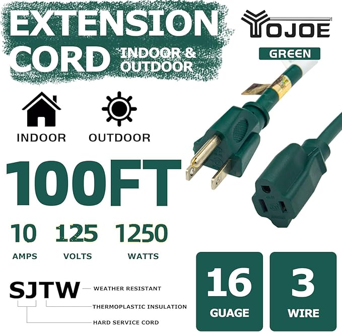 YOJOE Indoor Outdoor Extension Cord, 3 Prong 10A Weatherproof Power Cord, 16 Gauge Heavy Duty 100 ft Green Extension Cord for Garage, Garden and Home, 16/3 SJTW UL Listed