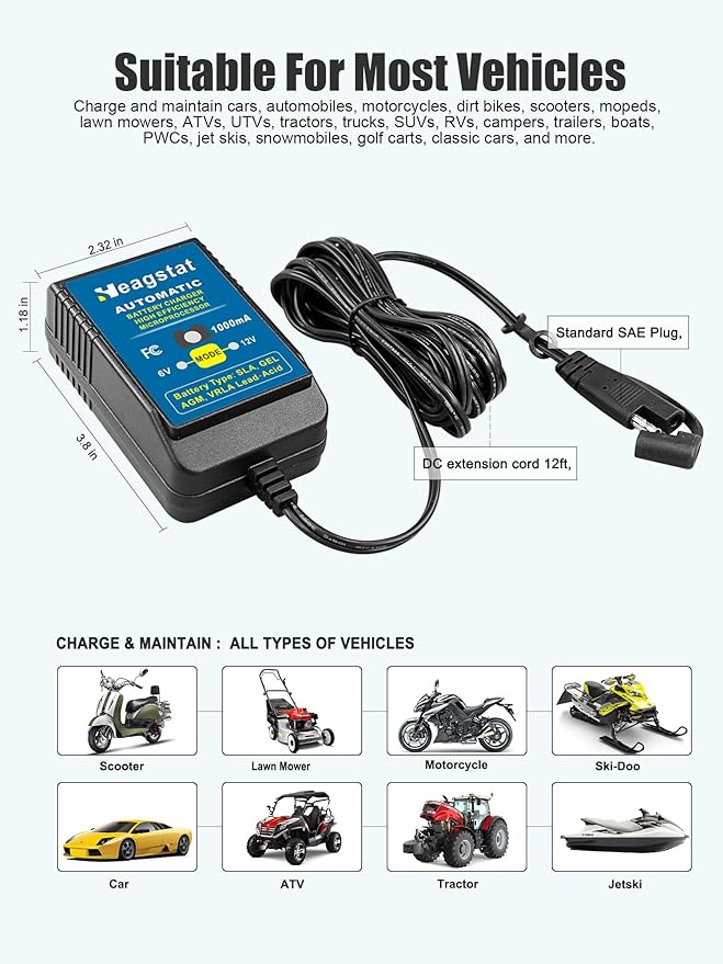 1A Trickle Battery Charger, 6V/12V Fully-Automatic Smart Battery Maintainer for Car, Motorcycle, ATV, Lawn Mower, Boat More