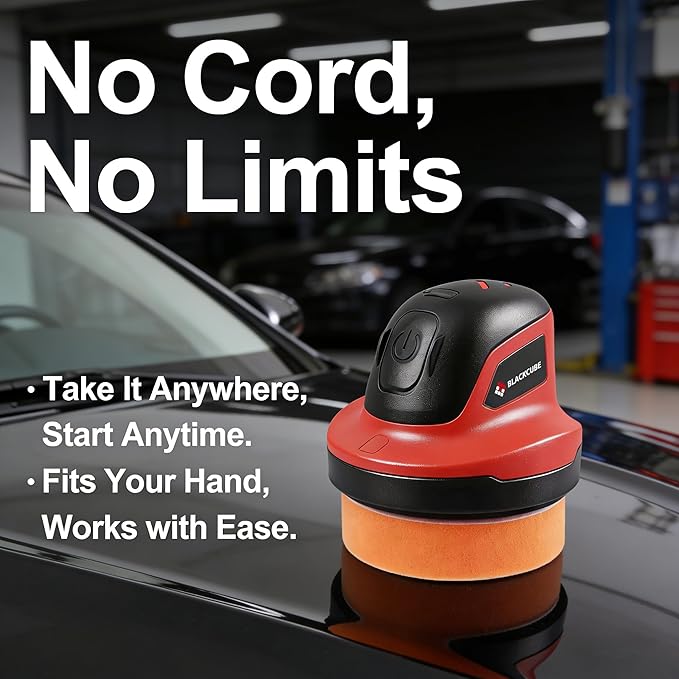 BLACKCUBE Cordless Car Polisher 230 RPM, USB Rechargeable Auto Buffer with 2000mAh Battery, Lightweight 5-Pad Detailing Kit for Scratch Removal, Waxing & Polishing – for Car, Boat & Home