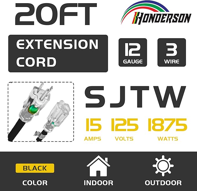 Indoor Outdoor Extension Cord Weatherproof with Lighted End, UL Certified, 12 Gauge 20FT Black 3 Prong Heavy Duty, 12/3 SJTW 15A Power Cord for Outdoor Lights, Lawn