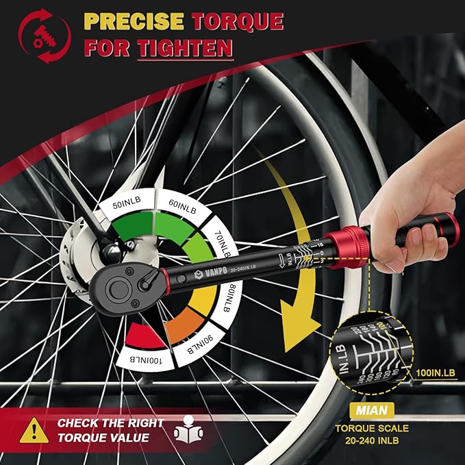 VANPO 1/4-inch Drive Click Torque Wrench, 20-240 in. lb/2.3-27.1 Nm, Inch Pound Torque Wrench Set with 1/4" to 3/8" Adapter, 10cm Extension Bar, Small Bike Torque Wrench for MTB, Bicycle Maintenance