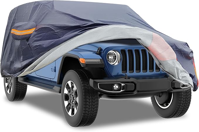 Car Cover Waterproof 4 Door, All Weather for Automobiles, Outdoor Full Exterior Cover Rain Sun UV Snowproof Protection with Zipper Cotton, Mirror Pocket for Jeep Covers Fits JK JL TJ YJ CJ