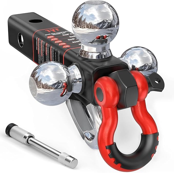 TYT Tri-Ball Mount Trailer Hitch ，Fits 2 inch Receiver, 1-7/8" & 2" &2-5/16" Ball with Tow Hook & Rotatable Shackle,10,000lbs GTW,1,000 lbs TW, Includes Hitch Pin Lock