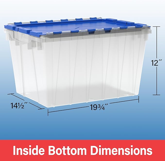 Akro-Mils KeepBox 12 Gallon Storage Container, Nesting and Stackable Plastic Storage Box with Lid Attached, Clear Tote for Garages, Closets, and Moving, 21-1/2" x 15" x 12-1/2", Clear/Red, 6-Pack