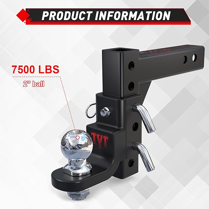 TYT Adjustable Trailer Hitch Ball Mount, 2" Towing Ball 7500 LBS, 9-1/2" Drop and 8-1/4" Rise, Fits 2-in Receiver with 2 Pin&Clips and 5/8" Premium Pin Lock for Heavy Duty Truck