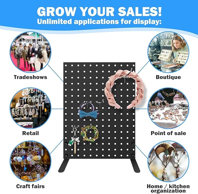 4 PCS Pegboard Display Stand With 40 Peg Hooks for Retail Craft Shows & Fairs - Metal Product Merchandise Display Rack for Selling Accessories, Display Stands for Boutique, Stores, Vendors & Events (4pcs)