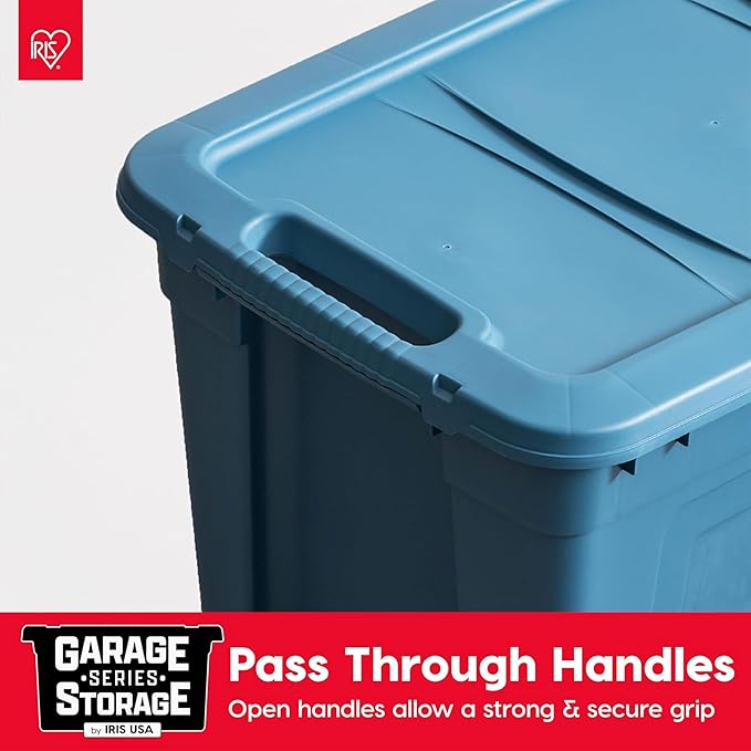 IRIS USA 31 Gallon Eco-Friendly Heavy Duty Storage Totes with Easy-Grip Handles, 8 Pack - Large Bins with Lids Garage Organizing Tubs, Durable Stackable Utility Containers, Made in USA - Navy