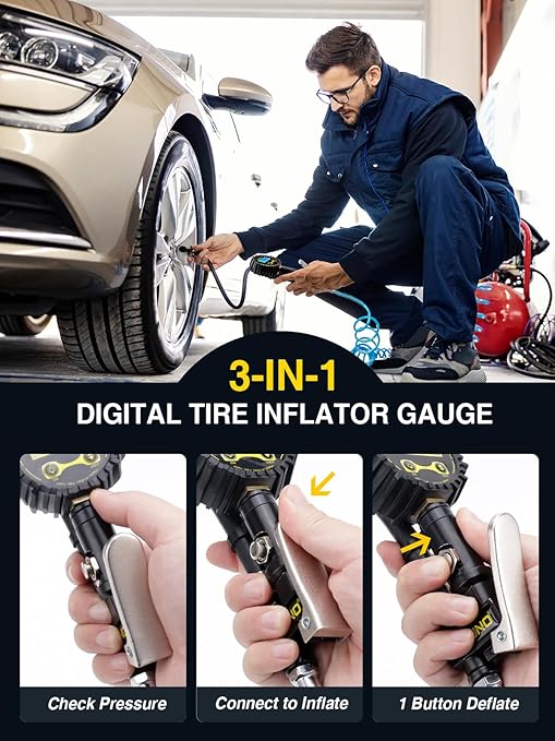 AZUNO Digital Tire Inflator with Pressure Gauge, 200 PSI, Heavy Duty Air Compressor Accessories, w/Rubber Hose Lock on Air Chuck and Quick Connect Coupler