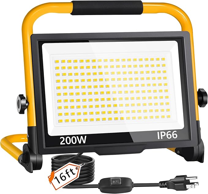 24000LM LED Work Light, 200W Ultra Brighter Flood Light with 16FT Cord Switch, Portable Worklight with Stand, 5000K IP66 Waterproof Outdoor Construction Lighting for Job Site Camping Workshop Garage
