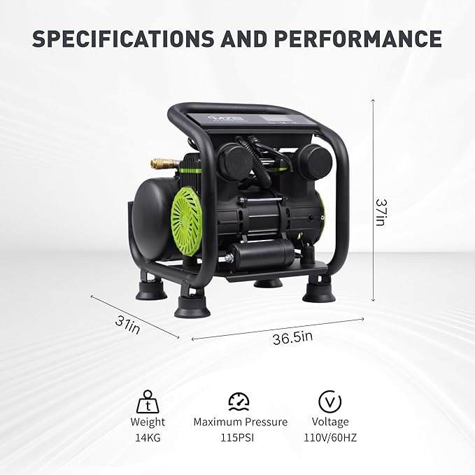 MZB Ultra Quiet Air Compressor 110V/60Hz MAX 115PSI Steel Tanks Oil-Free 70dB Noise Level Air Compressor with Wheels for Spray Painting, Auto Repair, Carpentry Decoration (1.6 Gallon)