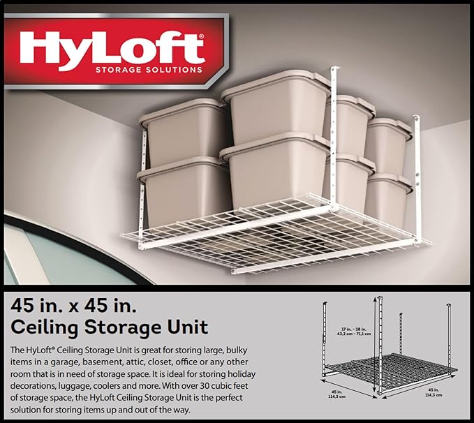 HyLoft Overhead adjustable Garage Storage Rack,Heavy Duty Steel Garage Storage System, 45-Inch x 45-Inch, White