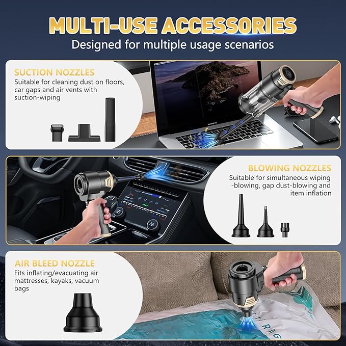 KMM Handheld Car Vacuum Cleaner, 16000PA Air Duster & Vacuum Cleaner, 120W High Power Hand Held Vacuum Cordless, Portable Vacuum Rechargeable with Multi-Nozzles & LED Light for Car, Home, Pet, Office