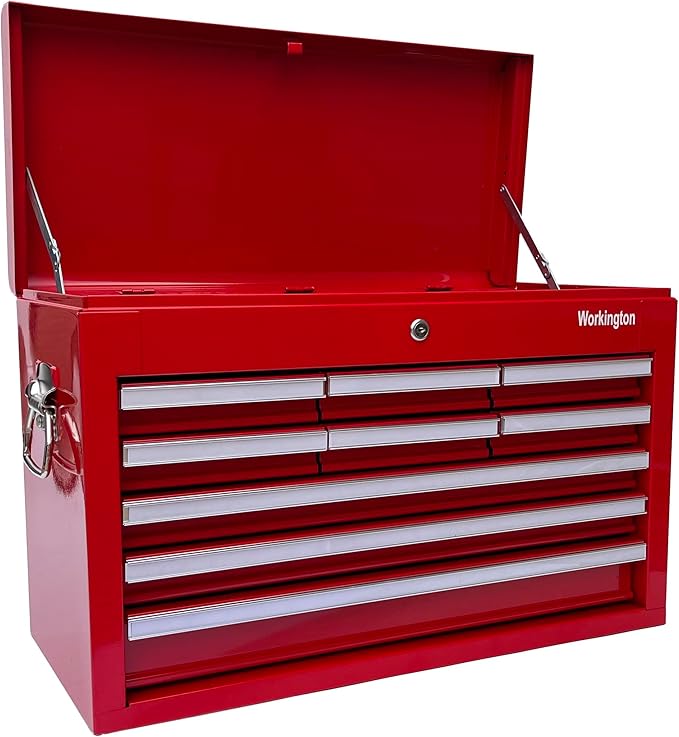 Workington Professional Industrial Portable Metal Tool Chest with 9 Drawers, 26" 9-Drawer Tool Chest Cabinet with Ball Bearing Drawer Slides, Steel Tool Storage Box Organizer 4016 Red
