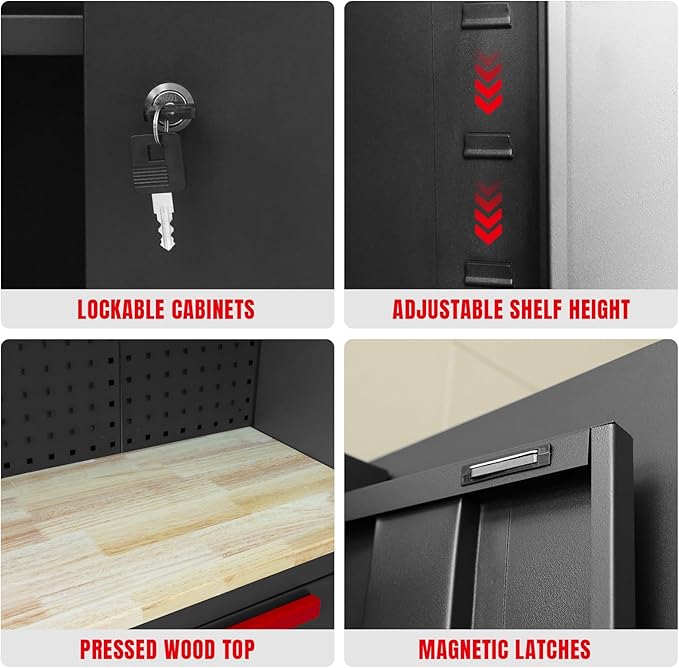 Torin Garage Storage Cabinets System, 6-Pcs Workshop Cabinet Set in Black, Included Steel Cabinets Drawers Rolling Chest and Pegboard,Locked Garage Storage Cabinet