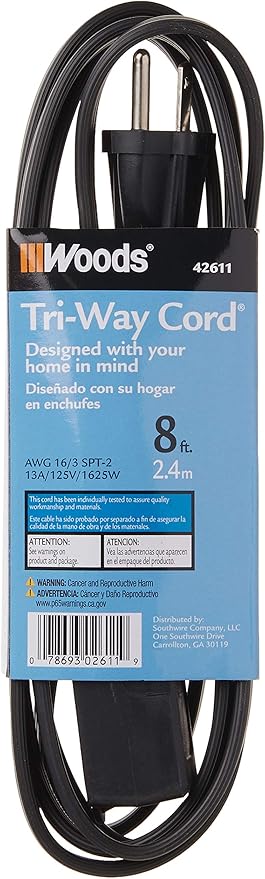 Woods Light Duty Extension Cord, 8Ft, 16 Gauge, 3 Conductor, 3 Outlets, Indoor Extension Cord, Black, 2611