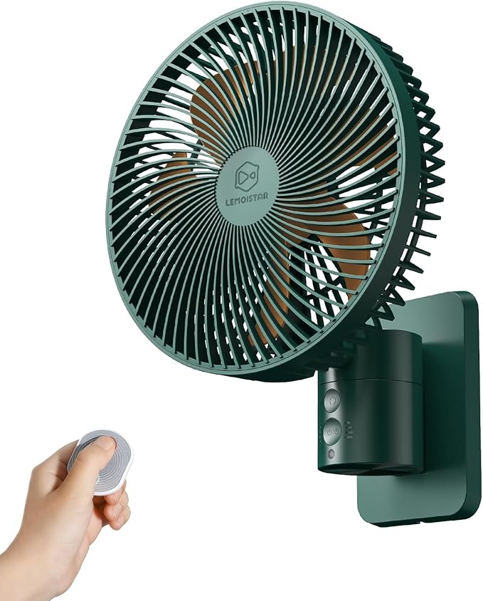 LEMOISTAR 8 Inch Small Wall Mounted Fan with Remote Control, 90° Oscillating, 4 Speeds High Velocity, Timer, Adjustable Tilt, 70 Inch Cord, Quiet, for RV Bedroom Home Office Garage-Green&Orange