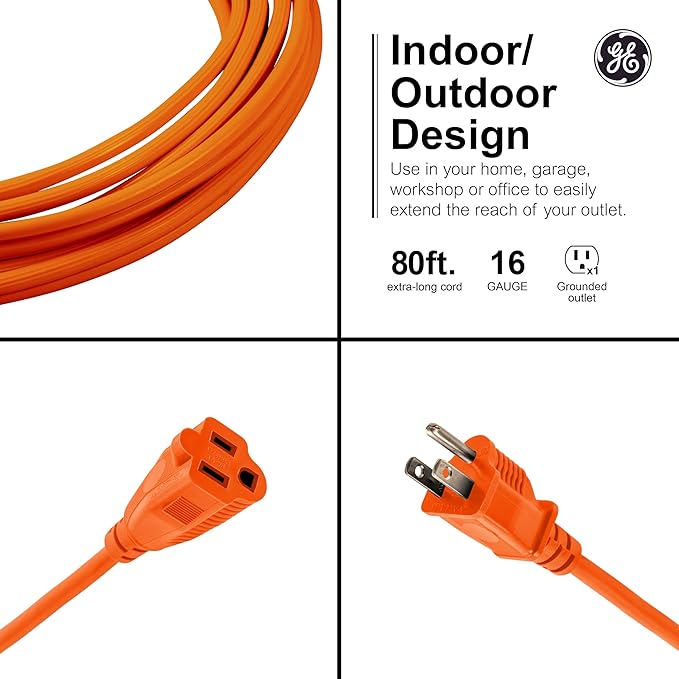 GE Outdoor Long Extension Cord, 80 Ft, Grounded Heavy Duty, 16AWG 3 Prong, ETL Listed, Orange (81703) (Pack of 2)
