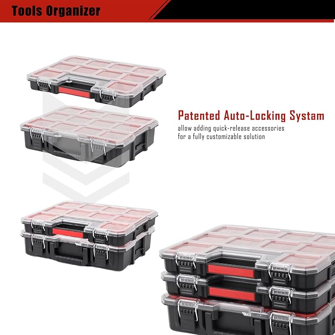 Tools Organizer, Small Parts Storage Toolbox, 2 Pcs (1+1) Durable Hardware Deep Box Storage, 17.3 * 14 * 6.7" with Removable Inner Cups