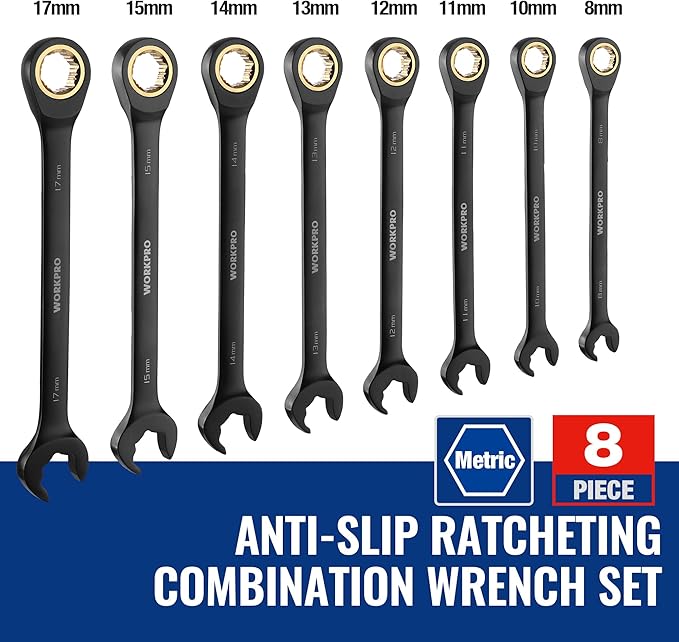 WORKPRO Upgraded 8-piece Anti-Slip Ratcheting Combination Wrench Set with Quick-Slide Open End, 72-Teeth, Cr-V Constructed, Black Metric Wrenches Set with Roll Up Pouch, 8mm-17mm