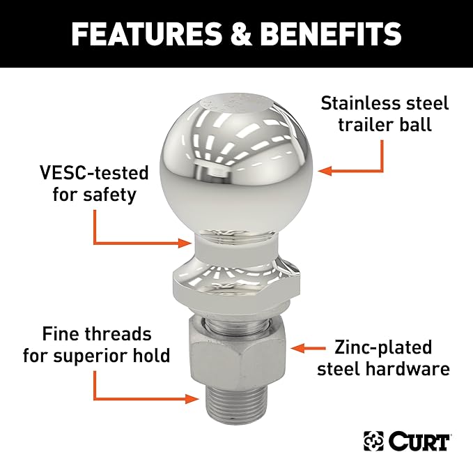 CURT 40055 Stainless Steel Trailer Hitch Ball, 15,000 lbs, 2-5/16-Inch Diameter, 1-1/4 x 2-5/8-Inch Shank