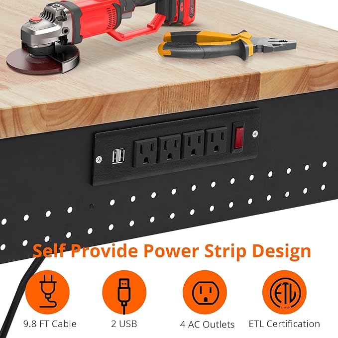 Work Bench 48" Adjustable Height, Heavy-Duty Portable Workbench with Power Outlets for Garage & Workshop, 2000 LBS Load Capacity, Work Table for Office, Home, Easy Assembly