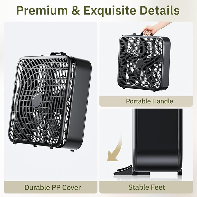 Simple Deluxe 20” Box Fan, 3-Speed Cooling Floor Fan with Aerodynamic Shaped Fan Blades, Convenient Carry Handle and Safety Grills, Black