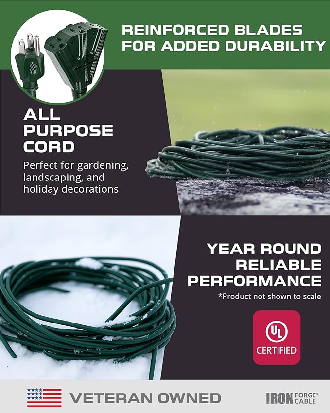 Iron Forge Cable 15ft Green Outdoor Extension Cord with 3 Outlets - 16/3 SJTW 15ft Extension Cord 3 Prong, 13 Amp All-Weather Heavy Duty Power Cable