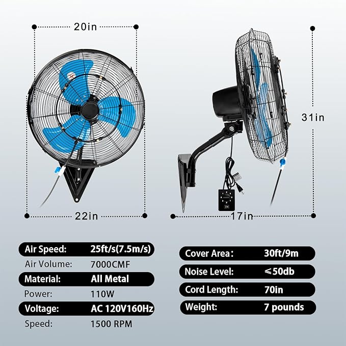 AZOUTDOOR 20" Wall Mount Fan 7000 CFM Wall Oscillating Fan 3-Speed Industrial Fans with Mist High Velocity Wall mounted Fans for Residential, industrial, Warehouse, Greenhouse, Workshop