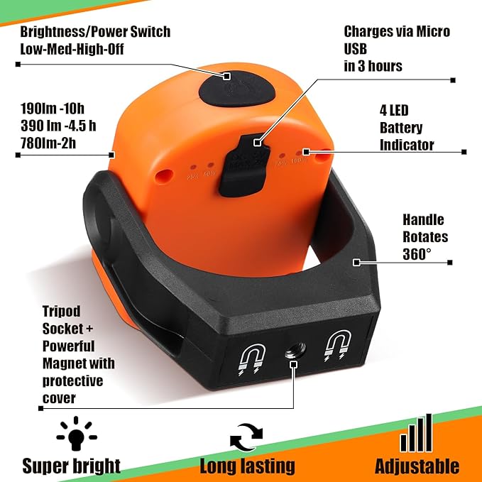 Retisee 2 Pack 780 Lumens Magnetic Work Light USB Rechargeable LED Flashlight Portable Inspection Light for Car Repair Emergency Lighting Mechanics Workshop (Orange,Green-2PK)