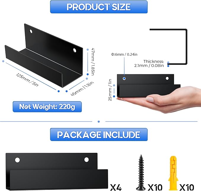 4Pcs Wall Tile Hanger Bracket, Ladder Wall Bracket, Wheelbarrow Storage Bracket for Garage, 5in Length, 1.6in Inner Width, Heavy Duty 2.1mm Thicker Cold-Rolled Steel Wall Hanger Fastener Black