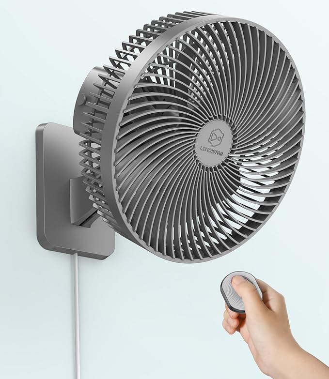 LEMOISTAR 10 Inch Wall Mounted Fan with Remote Control, 90° Oscillating, 4 Speeds, 4 Timer, Adjustable Tilt, 70 Inch Cord, Quiet, for Bedroom Garage RV Office Home Patio-Grey